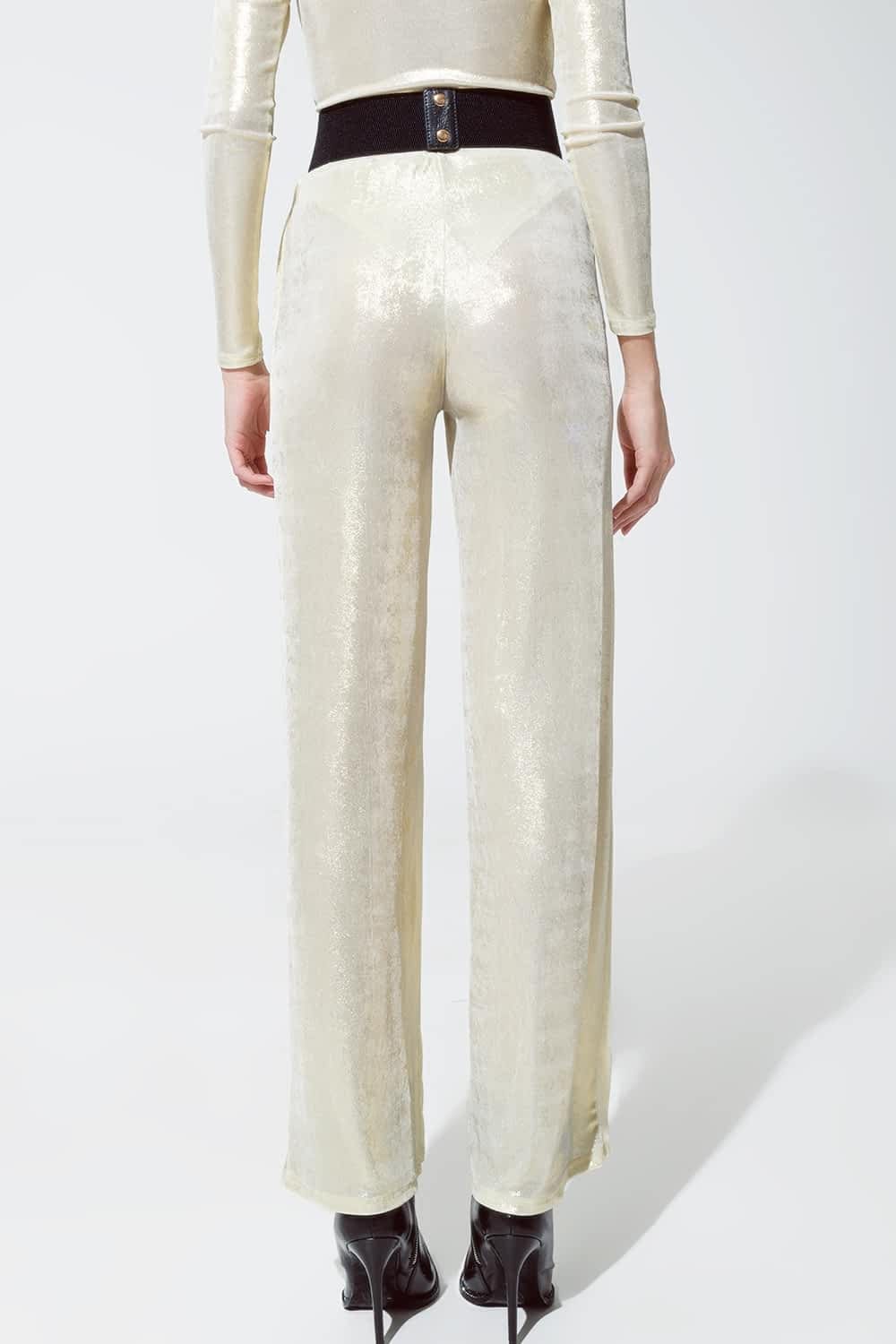 Q2 Women's Pants & Trousers Metallic Finish Flared Legging In Pearl White.