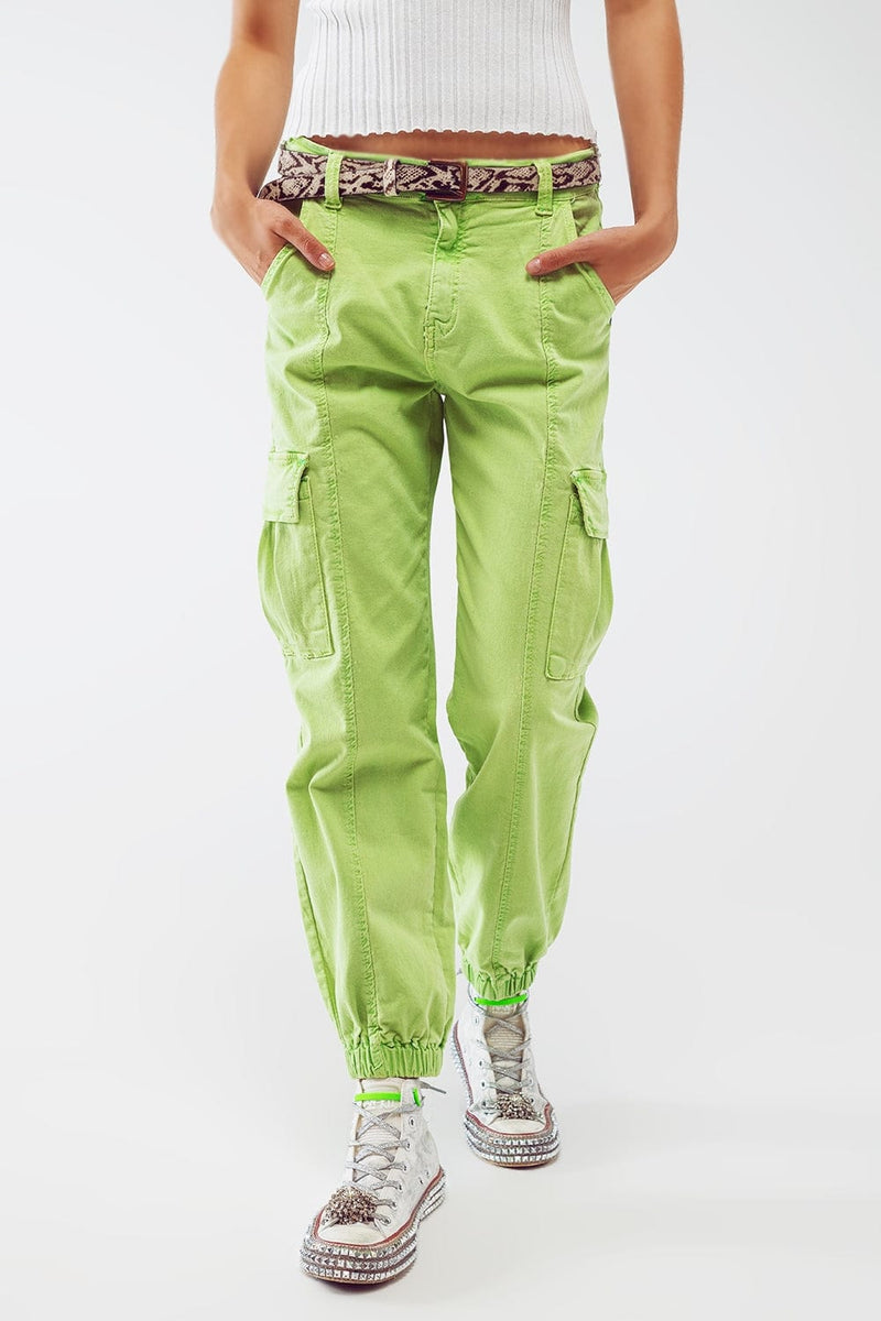 Q2 Women's Pants & Trousers Mint Green Cargo Pants With Elasticated Waist And Hem