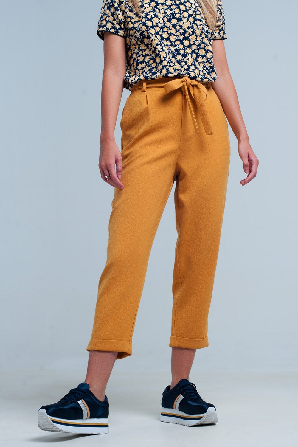 Q2 Women's Pants & Trousers Mustard High Waisted Pants with Belt