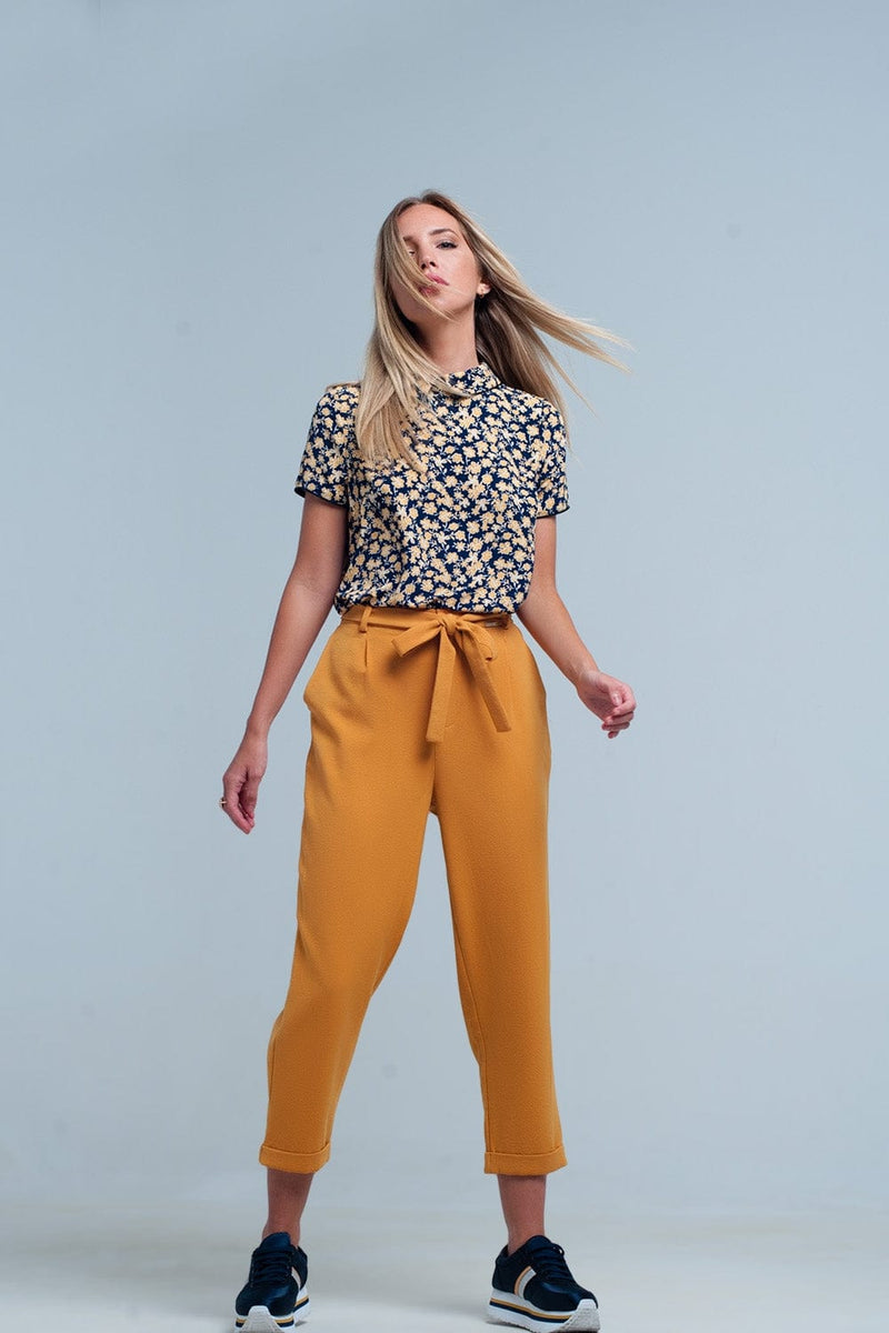 Q2 Women's Pants & Trousers Mustard High Waisted Pants with Belt