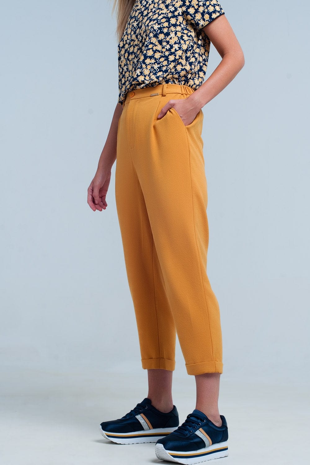 Q2 Women's Pants & Trousers Mustard High Waisted Pants with Belt