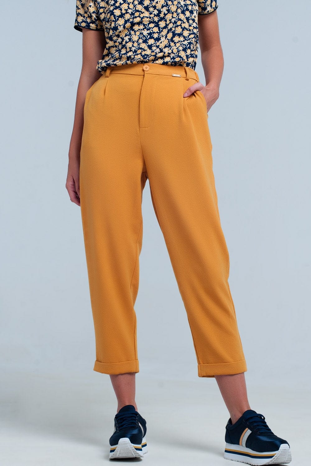 Q2 Women's Pants & Trousers Mustard High Waisted Pants with Belt
