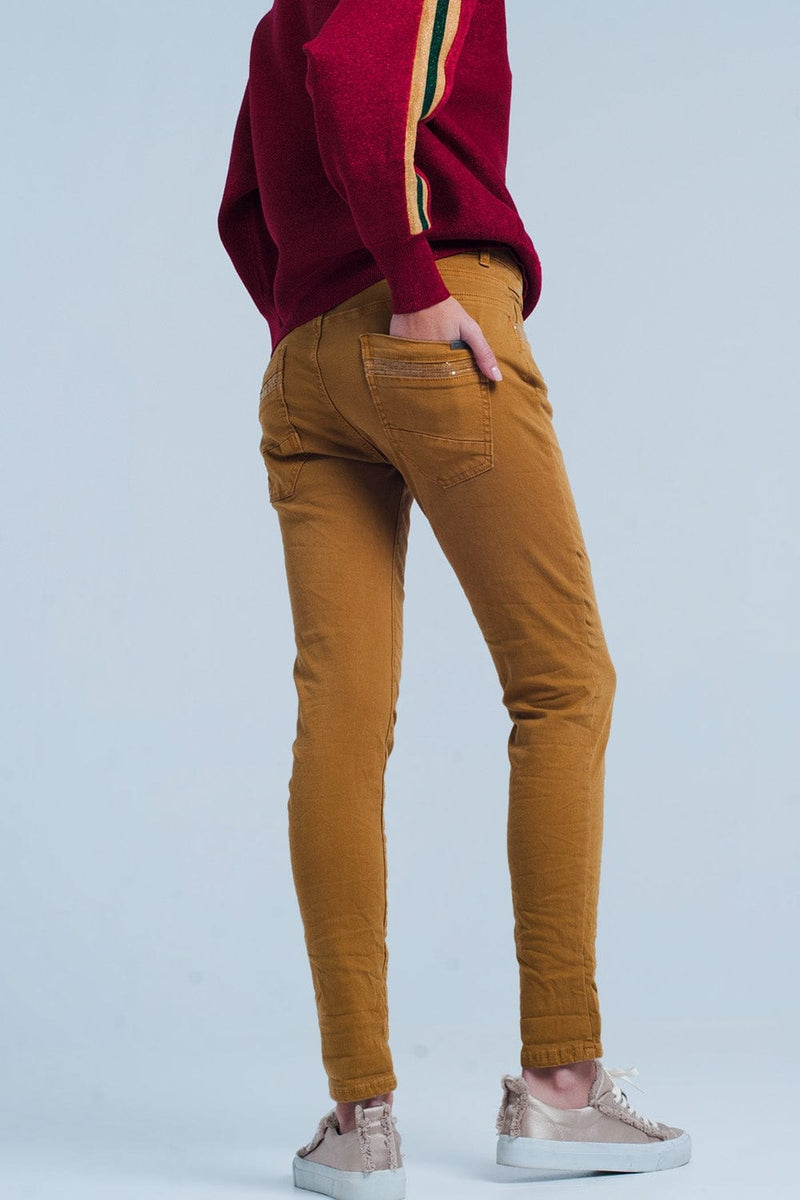 Q2 Women's Pants & Trousers Mustard Skinny Pants with Sequins and Buttons