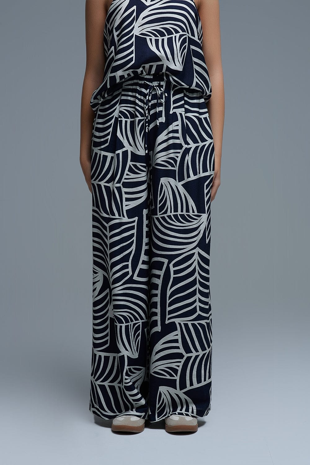 Q2 Women's Pants & Trousers Navy And White Wide Leg Trousers With White Leaf Print