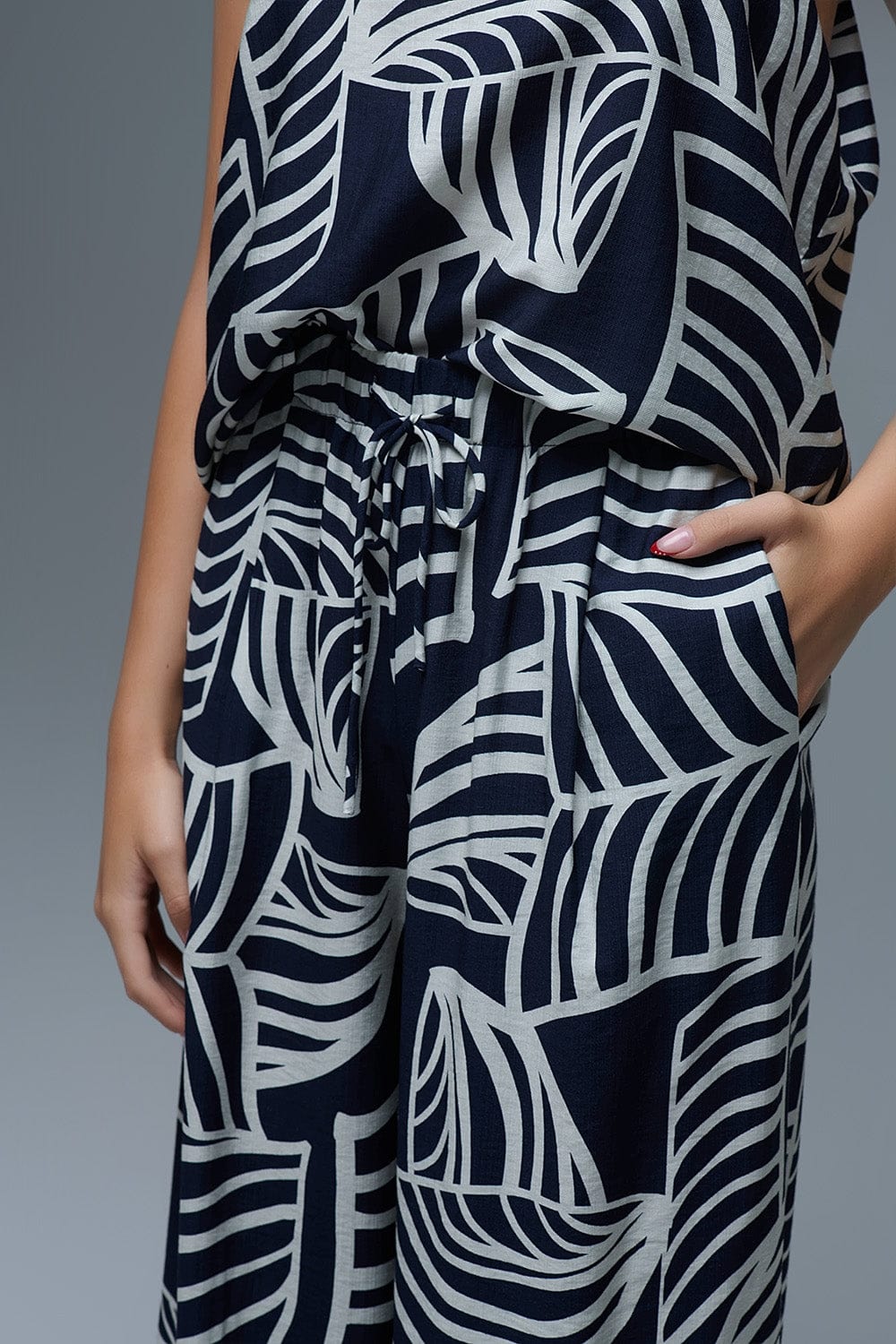 Q2 Women's Pants & Trousers Navy And White Wide Leg Trousers With White Leaf Print