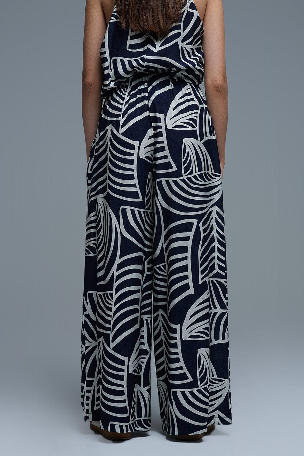 Q2 Women's Pants & Trousers Navy And White Wide Leg Trousers With White Leaf Print