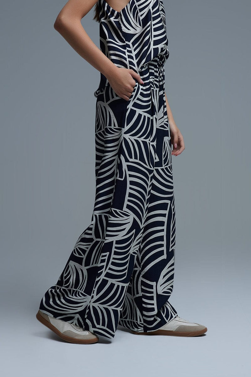 Q2 Women's Pants & Trousers Navy And White Wide Leg Trousers With White Leaf Print