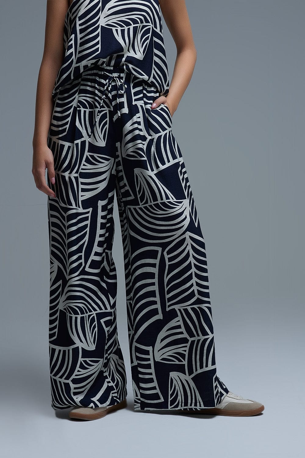 Q2 Women's Pants & Trousers Navy And White Wide Leg Trousers With White Leaf Print