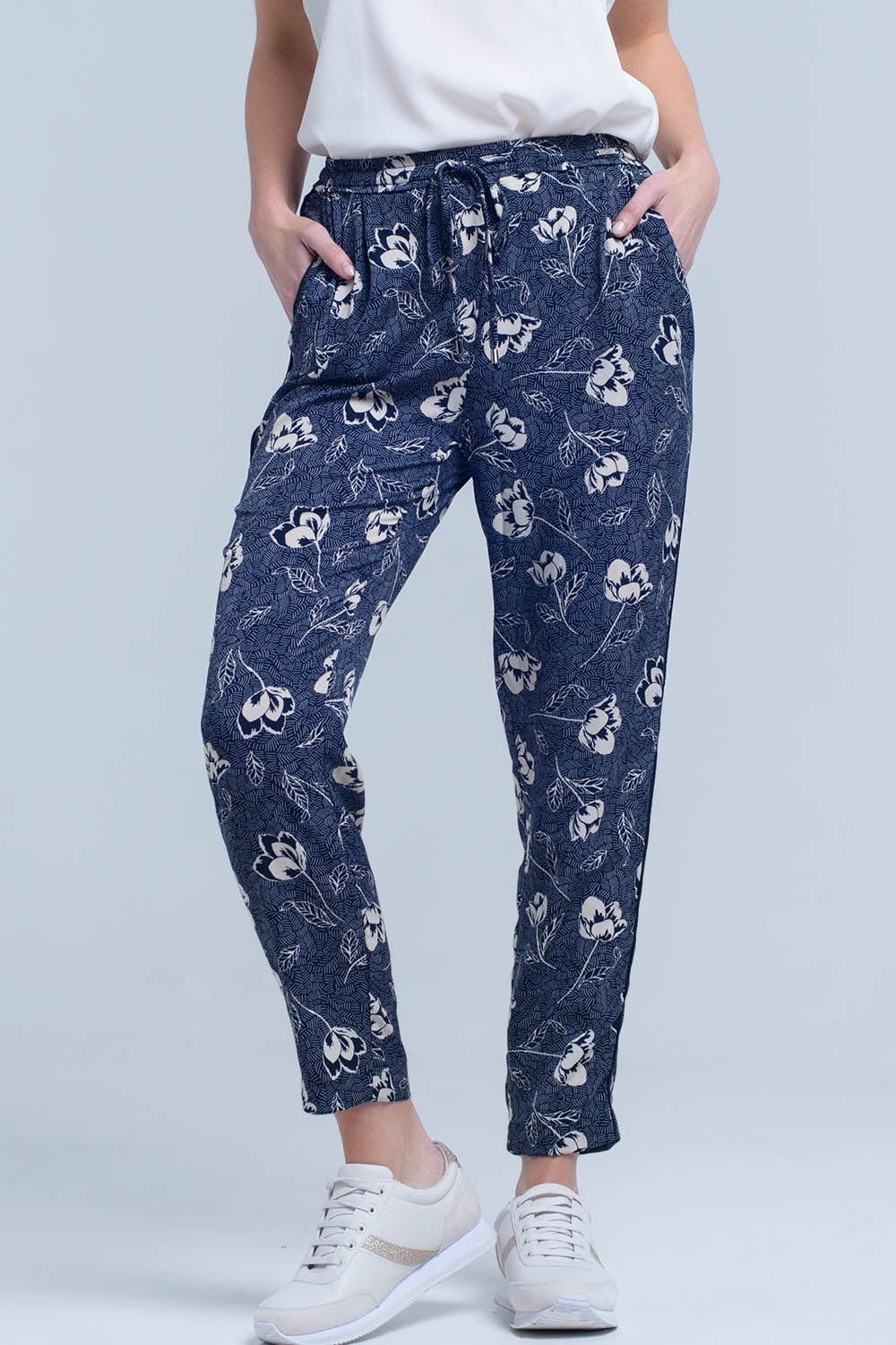Q2 Women's Pants & Trousers Navy blue pants with floral print