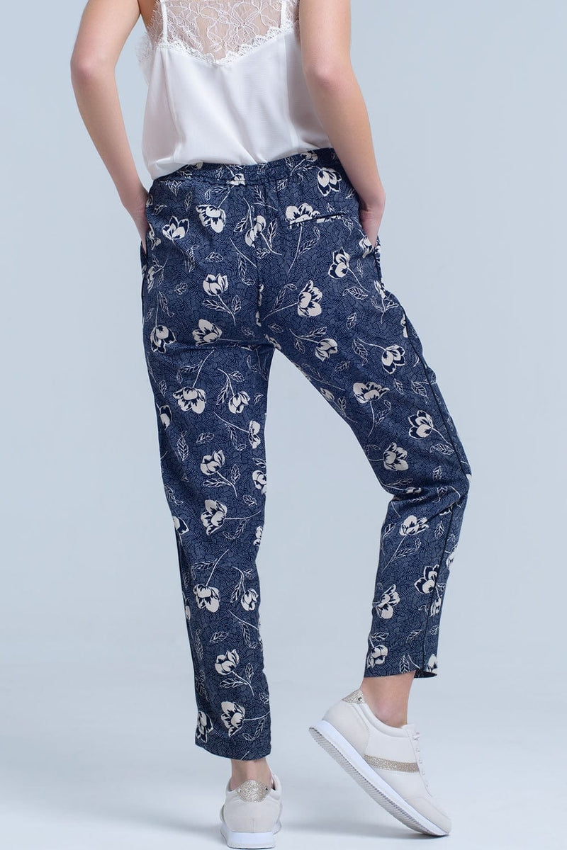 Q2 Women's Pants & Trousers Navy blue pants with floral print