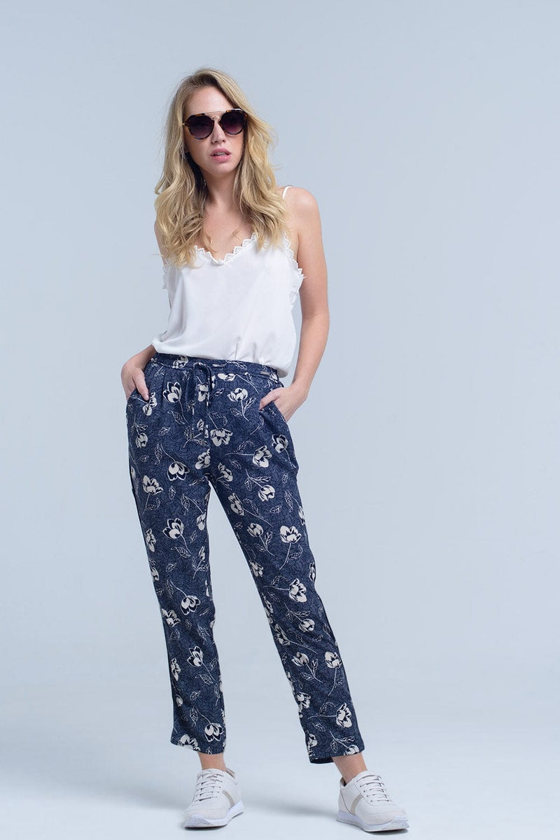 Q2 Women's Pants & Trousers Navy blue pants with floral print