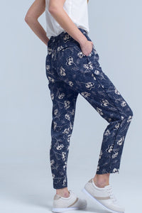 Q2 Women's Pants & Trousers Navy blue pants with floral print