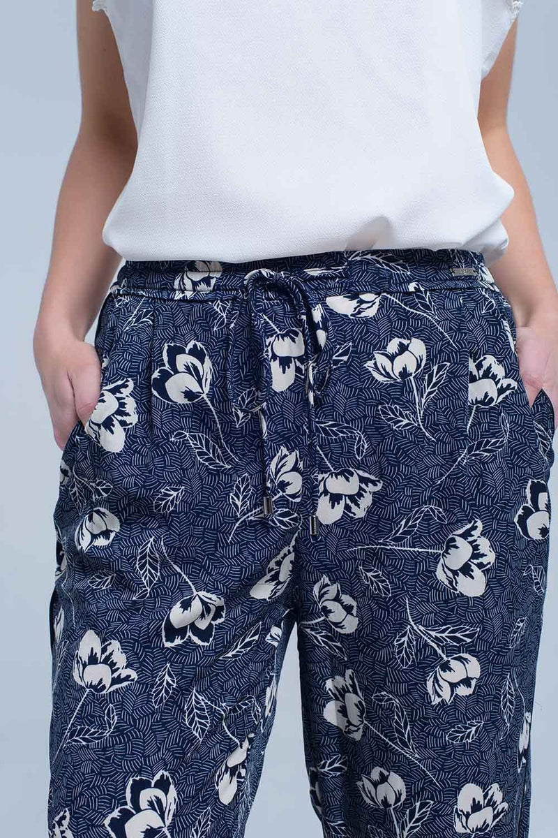 Q2 Women's Pants & Trousers Navy blue pants with floral print