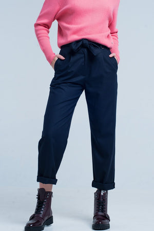 Q2 Women's Pants & Trousers Navy Wide Pants with Bow Tie