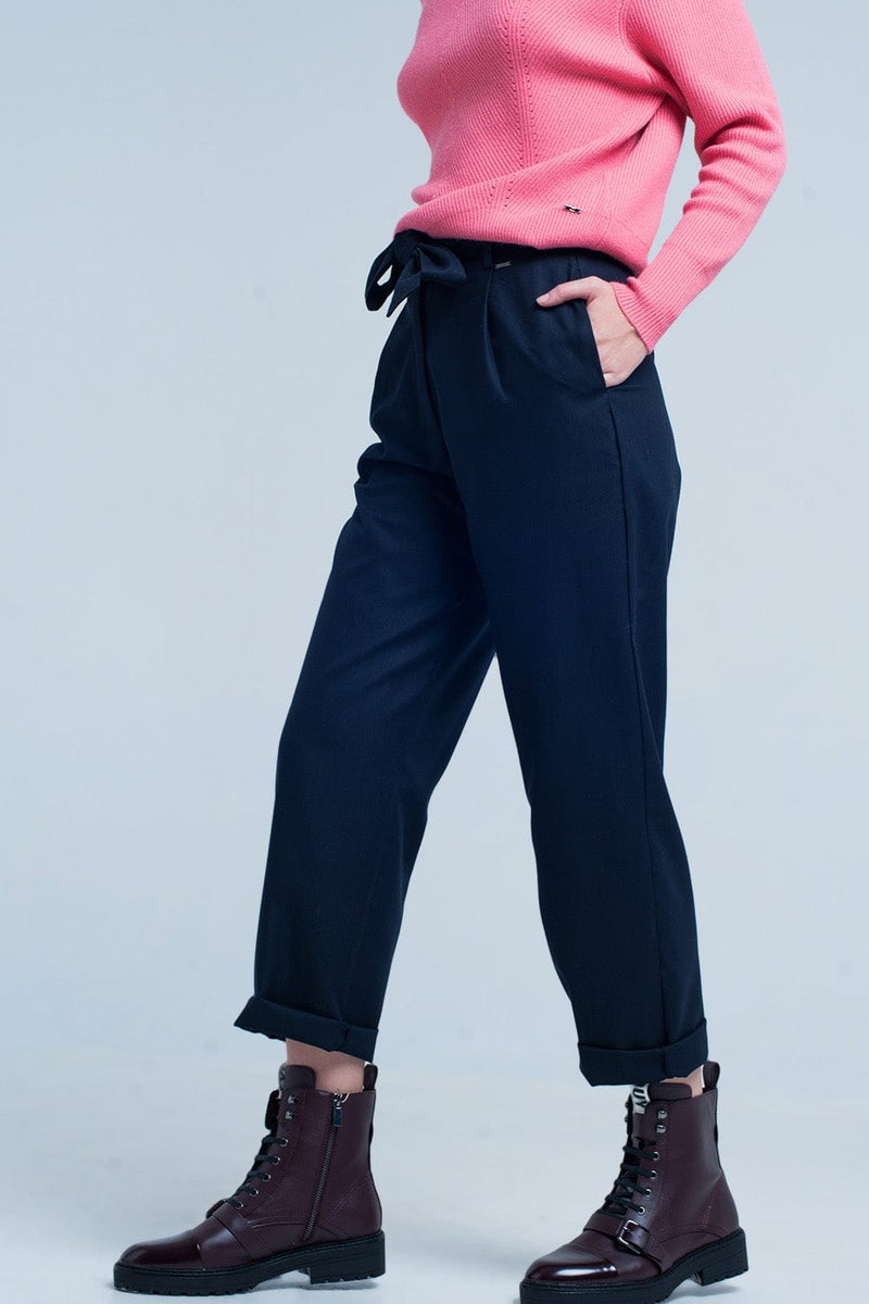 Q2 Women's Pants & Trousers Navy Wide Pants with Bow Tie