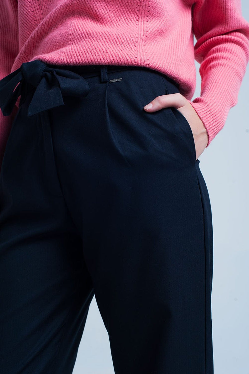 Q2 Women's Pants & Trousers Navy Wide Pants with Bow Tie