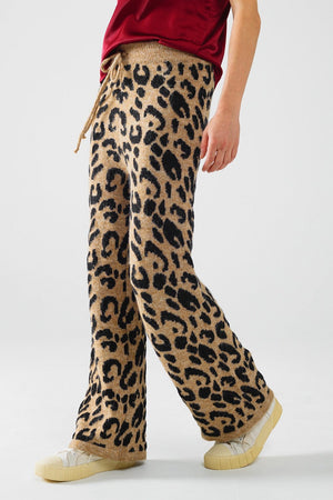 Q2 Women's Pants & Trousers One Size / Brown Leopard Print Pants With Stretchy Knit And Drawstring Detail