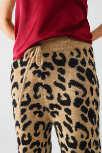 Q2 Women's Pants & Trousers One Size / Brown Leopard Print Pants With Stretchy Knit And Drawstring Detail