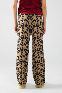 Q2 Women's Pants & Trousers One Size / Brown Leopard Print Pants With Stretchy Knit And Drawstring Detail