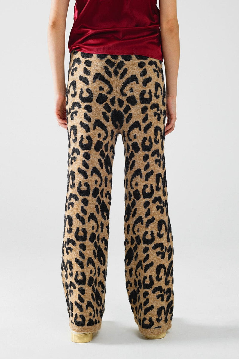 Q2 Women's Pants & Trousers One Size / Brown Leopard Print Pants With Stretchy Knit And Drawstring Detail