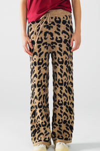 Q2 Women's Pants & Trousers One Size / Brown Leopard Print Pants With Stretchy Knit And Drawstring Detail