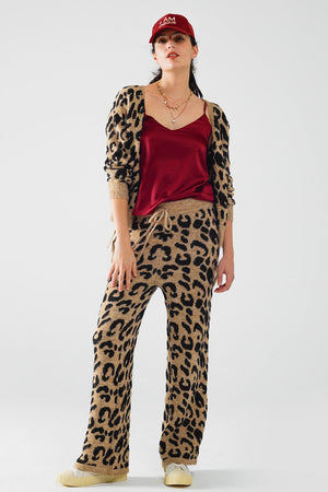 Q2 Women's Pants & Trousers One Size / Brown Leopard Print Pants With Stretchy Knit And Drawstring Detail