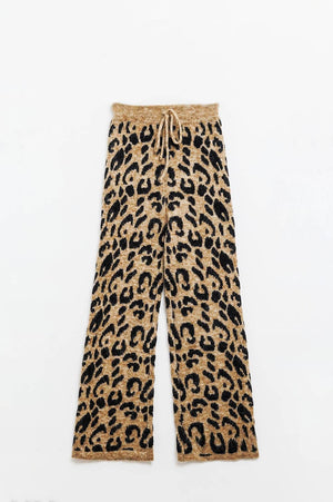 Q2 Women's Pants & Trousers One Size / Brown Leopard Print Pants With Stretchy Knit And Drawstring Detail