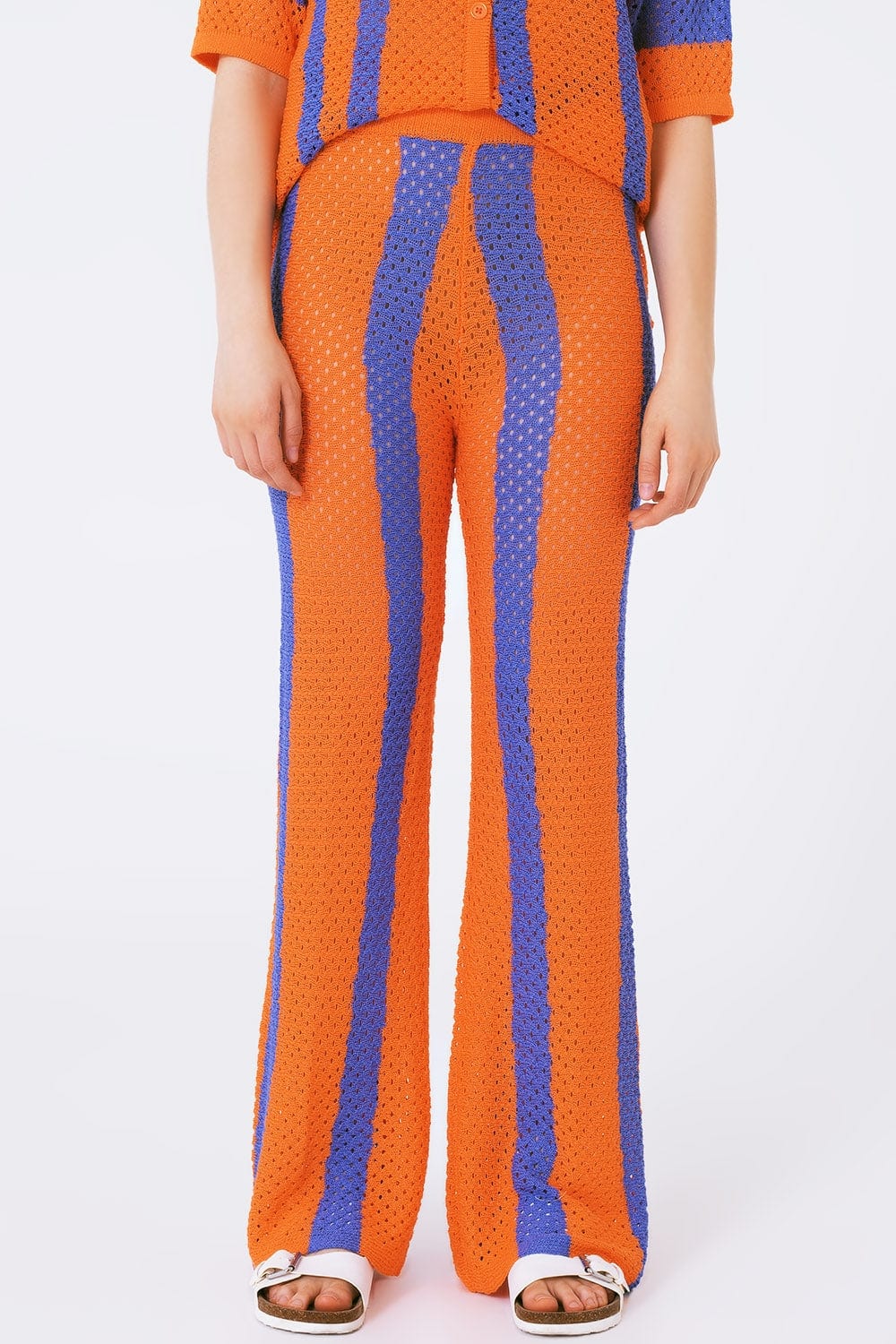 Q2 Women's Pants & Trousers One Size / Orange Orange Striped Crochet Pants