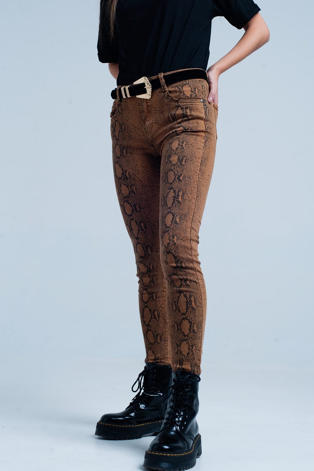 Q2 Women's Pants & Trousers Orange Skinny Pants in Snake Print