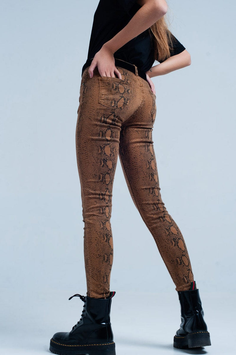 Q2 Women's Pants & Trousers Orange Skinny Pants in Snake Print