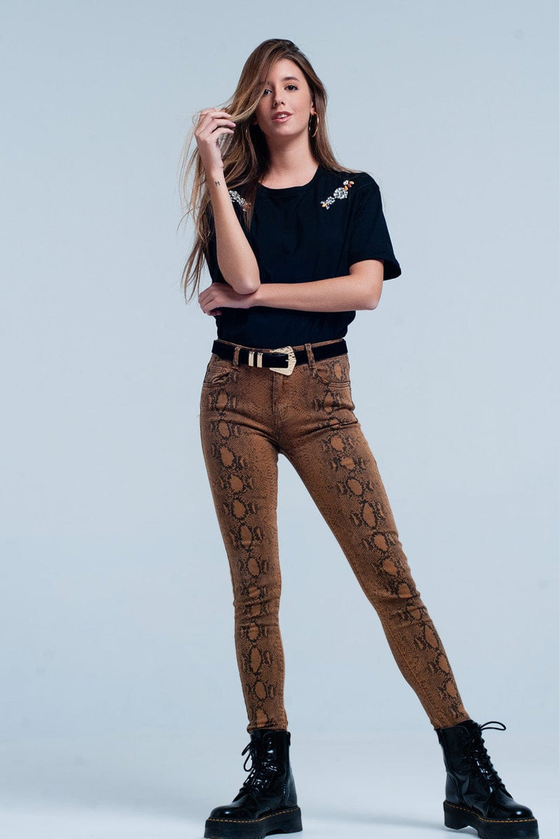 Q2 Women's Pants & Trousers Orange Skinny Pants in Snake Print