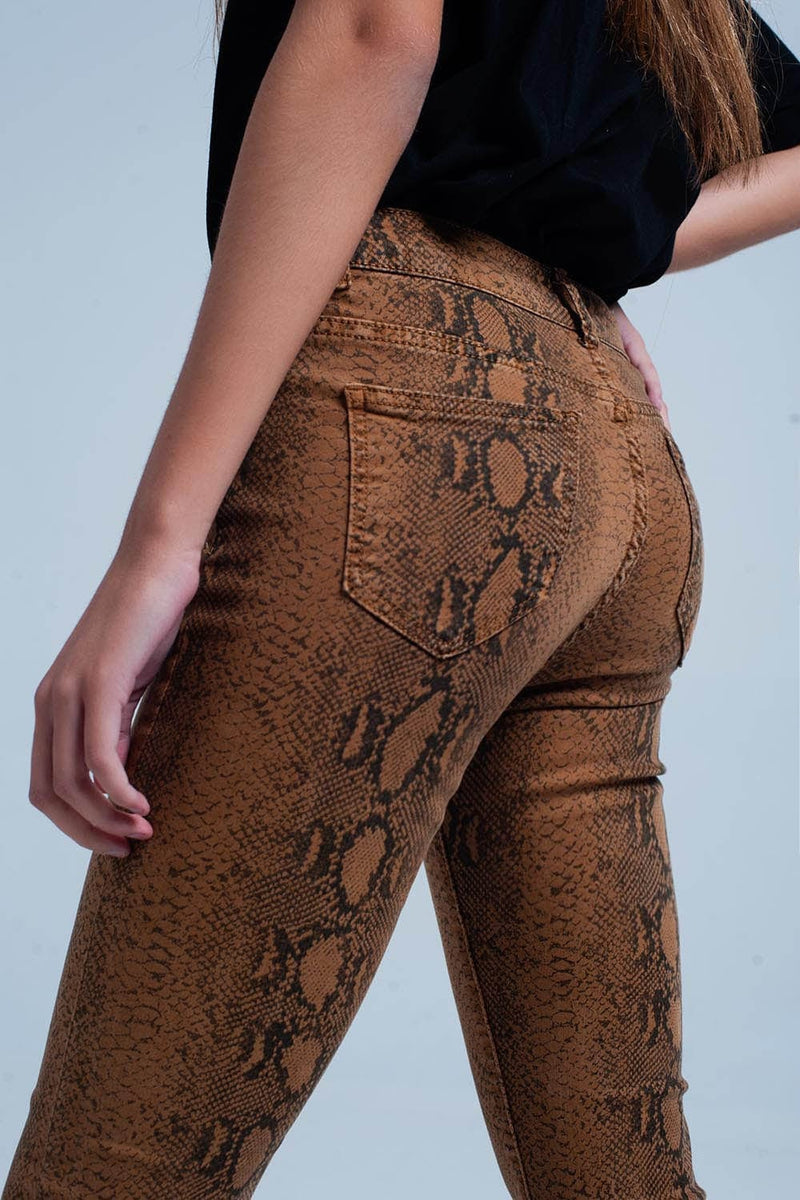 Q2 Women's Pants & Trousers Orange Skinny Pants in Snake Print