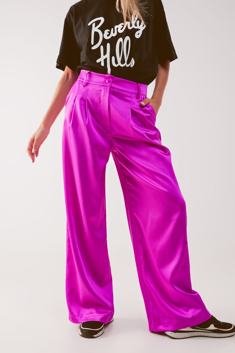 Q2 Women's Pants & Trousers Palazzo Pleated Pants in Fuchsia