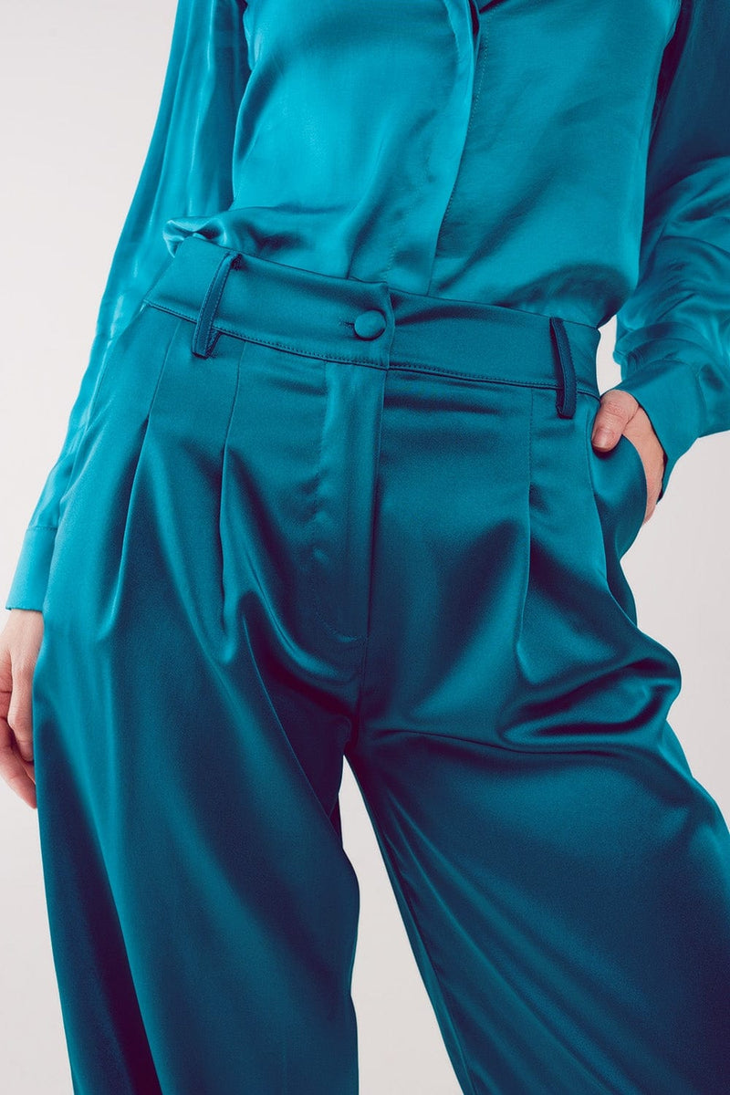 Q2 Women's Pants & Trousers Palazzo Pleated Pants in Turquoise