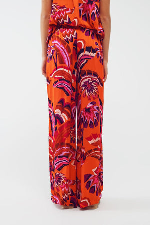 Q2 Women's Pants & Trousers Palazzo Style Pants In Orange Abstract Floral Print