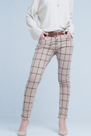 Q2 Women's Pants & Trousers Pants in Beige Check with Button