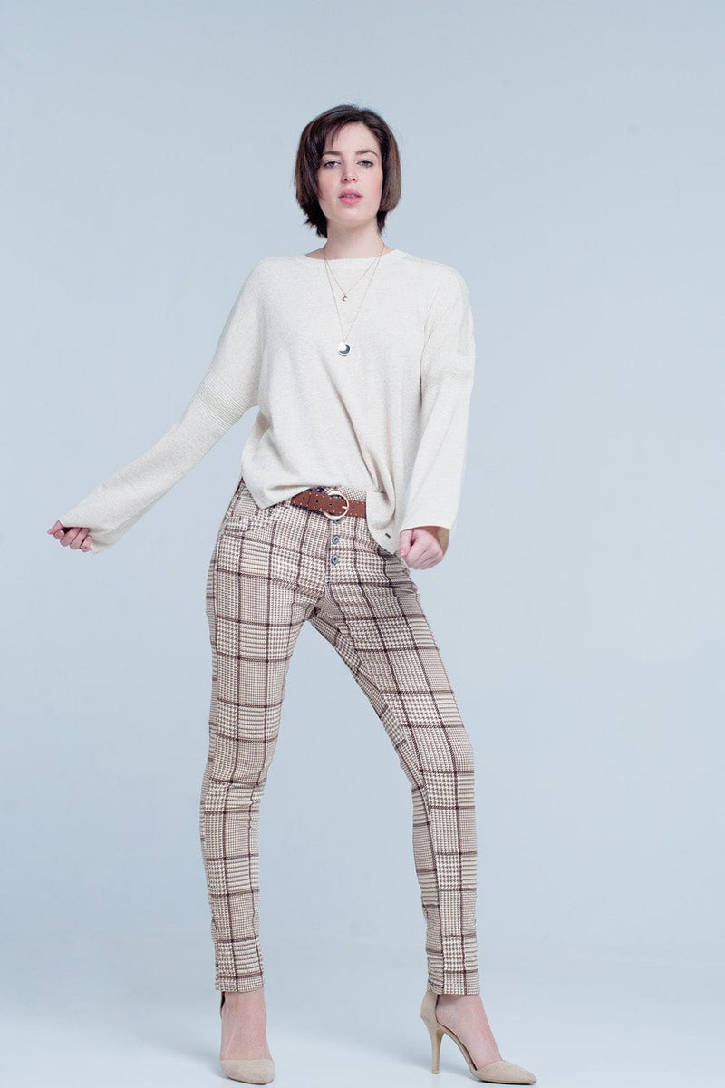 Q2 Women's Pants & Trousers Pants in Beige Check with Button