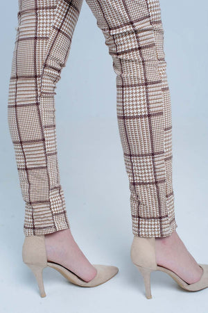 Q2 Women's Pants & Trousers Pants in Beige Check with Button