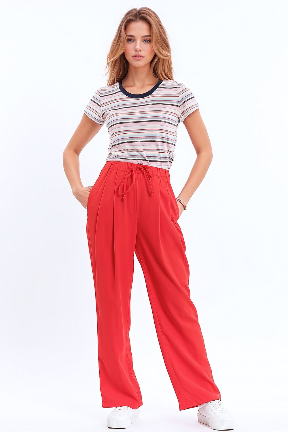 Q2 Women's Pants & Trousers Pants In Coral With Front Pockets And Drawstring Closing