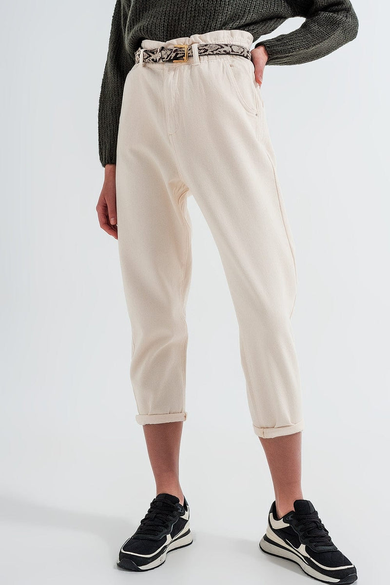 Q2 Women's Pants & Trousers Paperbag Waist Straight Leg Jeans in Cream