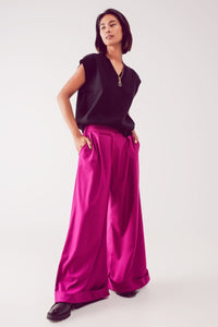 Q2 Women's Pants & Trousers Pleated Wide Leg Pants in Fuchsia