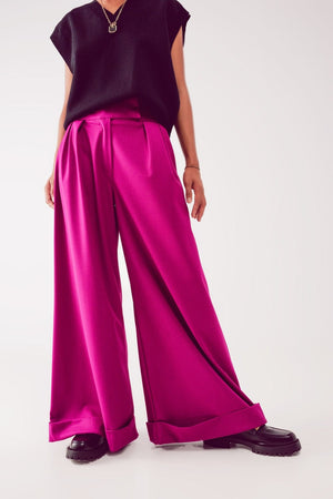 Q2 Women's Pants & Trousers Pleated Wide Leg Pants in Fuchsia