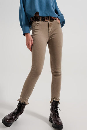 Q2 Women's Pants & Trousers Raw Hem Skinny Jeans in Beige