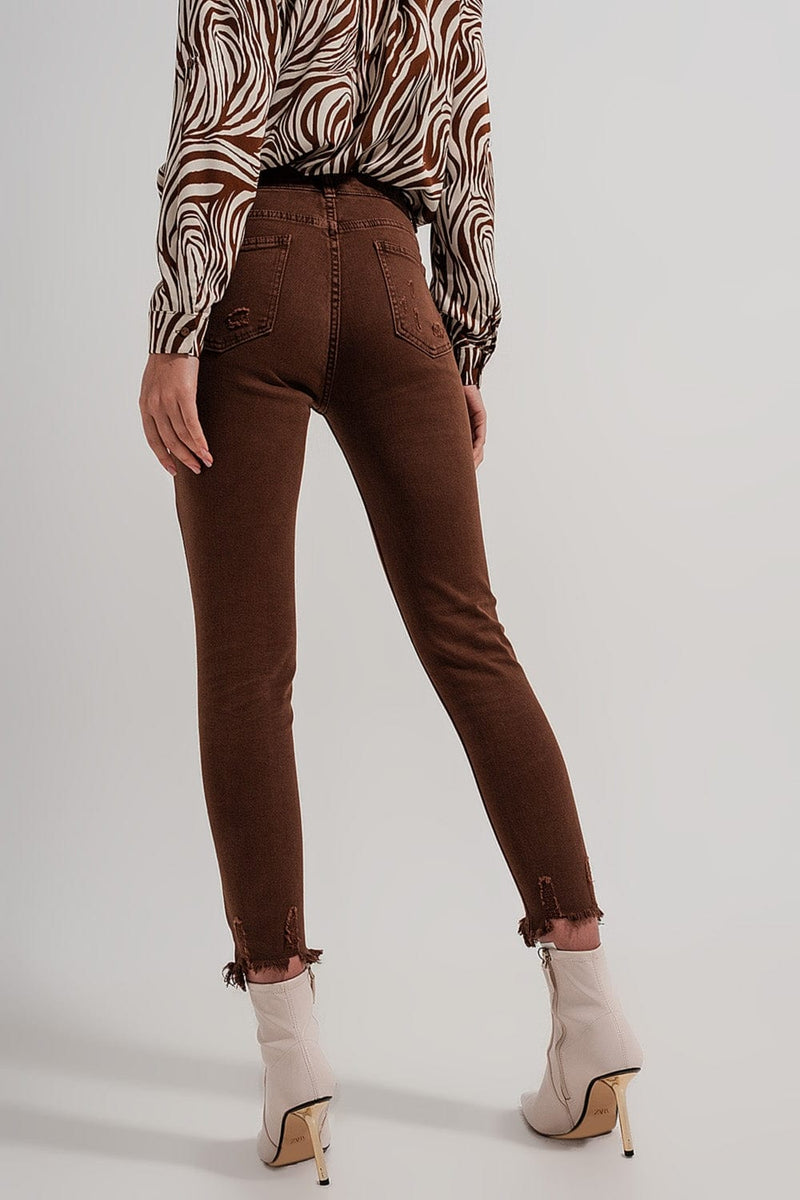 Q2 Women's Pants & Trousers Raw Hem Skinny Jeans in Brown
