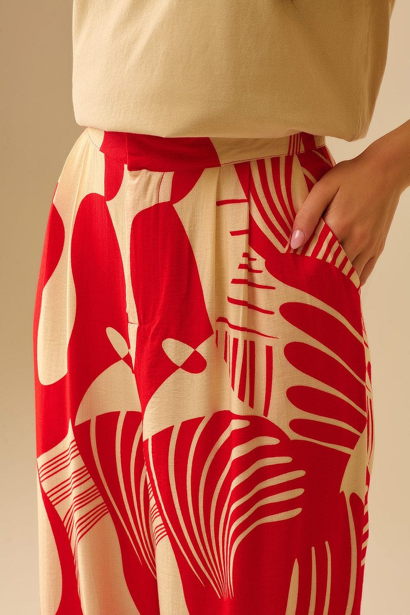 Q2 Women's Pants & Trousers Red Abstract Print Wide-Leg Trousers