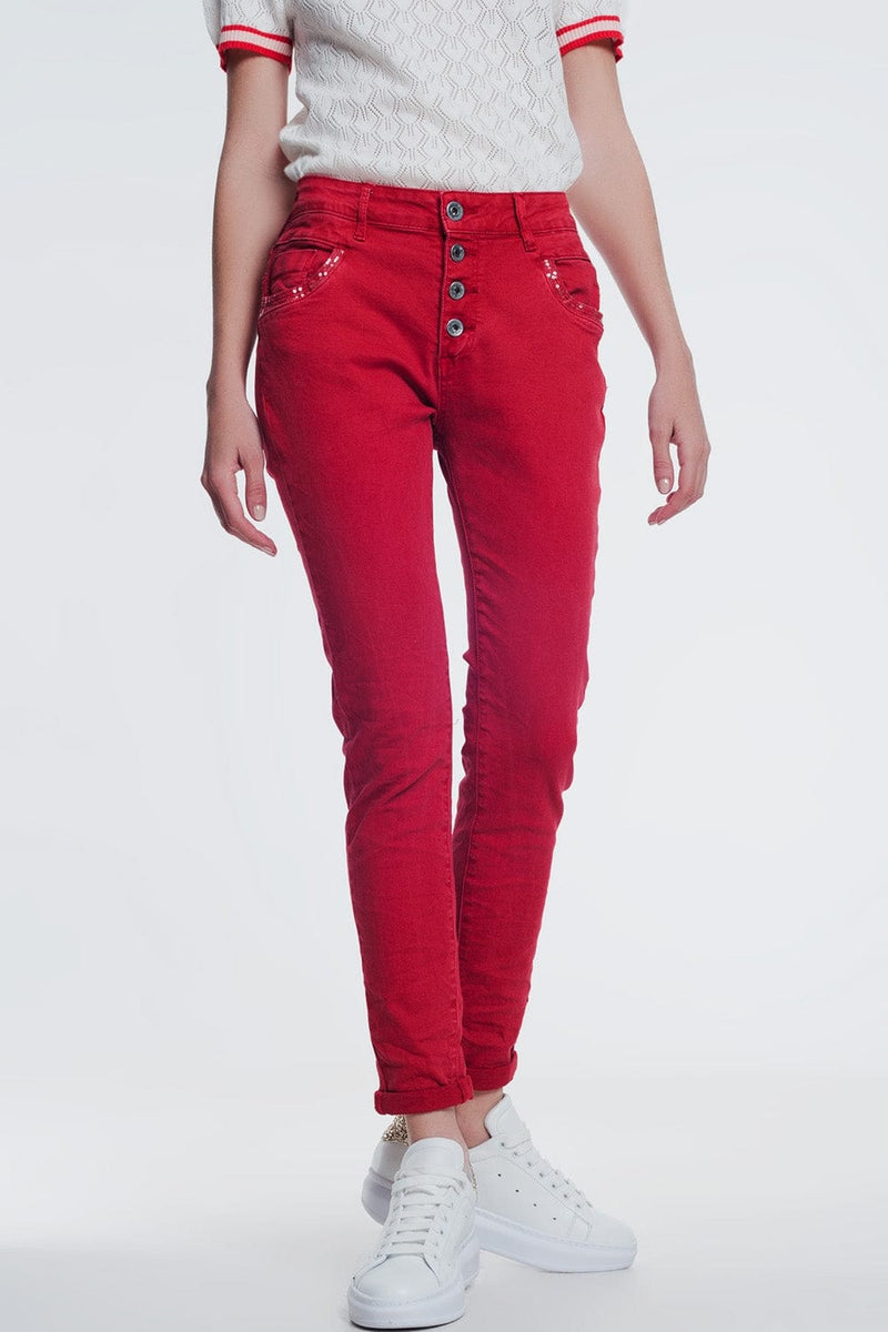 Q2 Women's Pants & Trousers Red Boyfriend Jeans with Button Closure