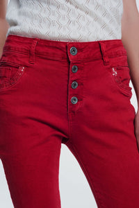 Q2 Women's Pants & Trousers Red Boyfriend Jeans with Button Closure