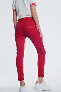 Q2 Women's Pants & Trousers Red Boyfriend Jeans with Button Closure