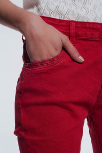 Q2 Women's Pants & Trousers Red Boyfriend Jeans with Button Closure