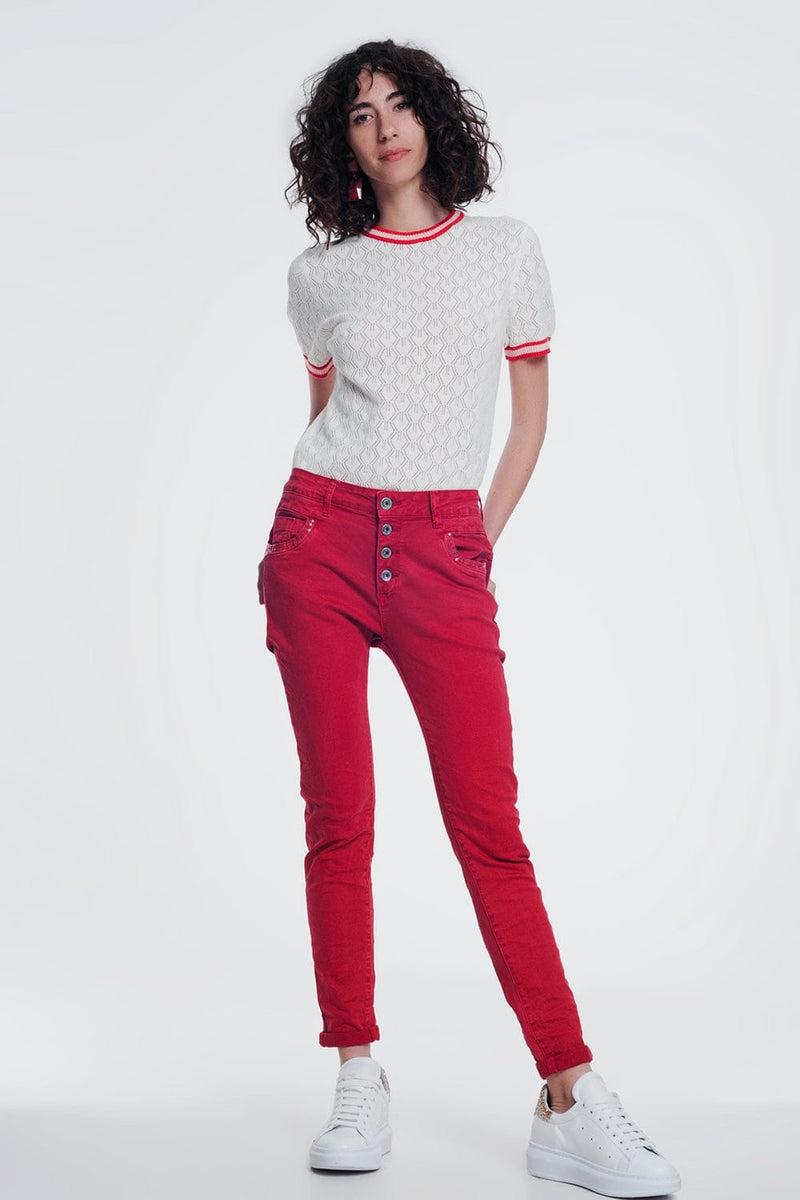 Q2 Women's Pants & Trousers Red Boyfriend Jeans with Button Closure